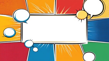 Comic book spread displaying vivid panels, speech bubbles, blank white section allowing personalized text or graphic design, representing dynamic visual storytelling