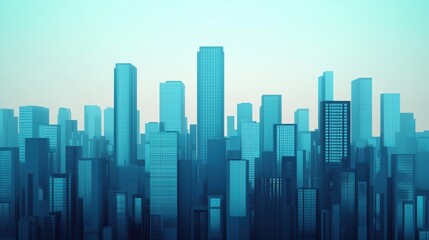 A skyline of tall, modern skyscrapers silhouetted against a soft blue background, showcasing urban architecture and a contemporary cityscape.