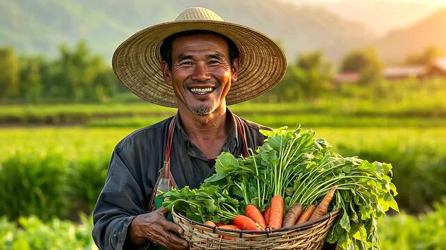 Smiling farmer with freshly harvested vegetables in a green field