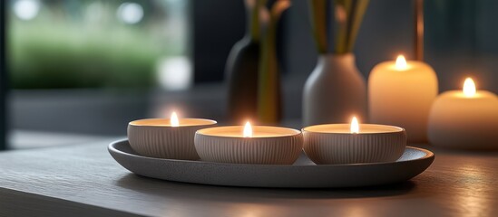 Tranquil candles, indoor scene, flowers