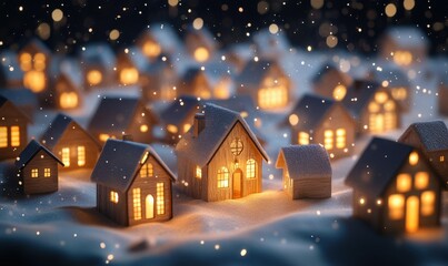 Fototapeta premium Scenic winter village with small wooden houses glowing under warm light surrounded by softly falling snow, creating a magical seasonal atmosphere