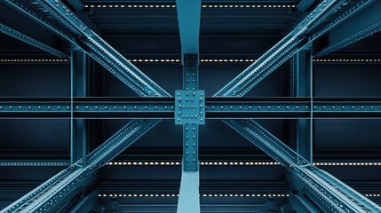 Naklejka premium A vibrant dark blue industrial ceiling with symmetrical metal beams and brushed textures.