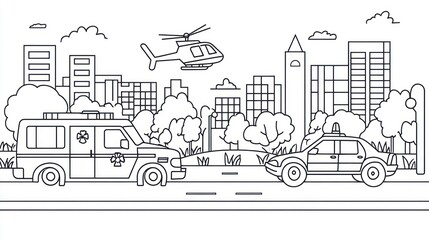 Obraz premium Urban emergency response scene, simple line art