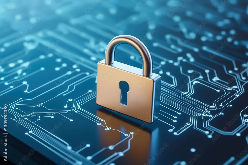 Poster cybersecurity interface with digital data streams and lock symbol on circuit board background