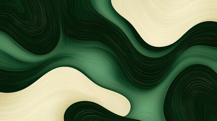 Layered green and beige curves forming organic topographic pattern, representing landscape abstraction with fluid, harmonious design elements