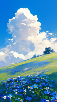 青い花々に包まれた丘と入道雲 初夏の自然風景