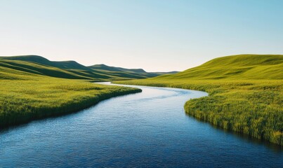 Serene landscape with a winding river flowing through rolling green hills under clear skies .