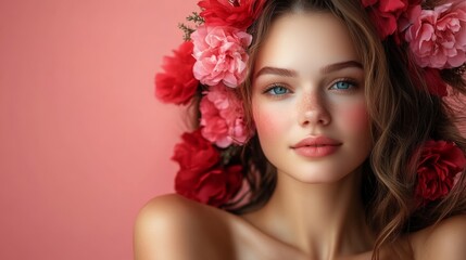 Fototapeta premium Woman with a flower headdress and red flowers on her face. She has a very pretty and natural look