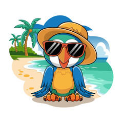 Cool Parrot Cartoon in Sunglasses on Tropical Beach Vector Art for Summer Fun Decor