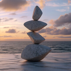 A beautifully stacked rock cairn balancing on the shore during sunset. A serene scene representing peace, mindfulness, and balance in nature. Ideal for wellness, meditation, and travel themes.