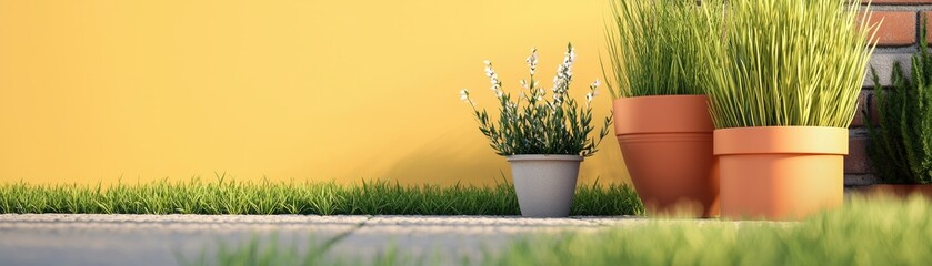 Yellow wall, potted plants, grass.  Peaceful garden scene. Website design