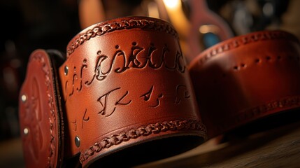 Engraved Leather Mug Cozy, Workshop, Close-up, Rustic Background, Gift
