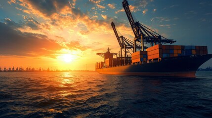Fototapeta premium Aerial View of Busy Container Port at Sunset