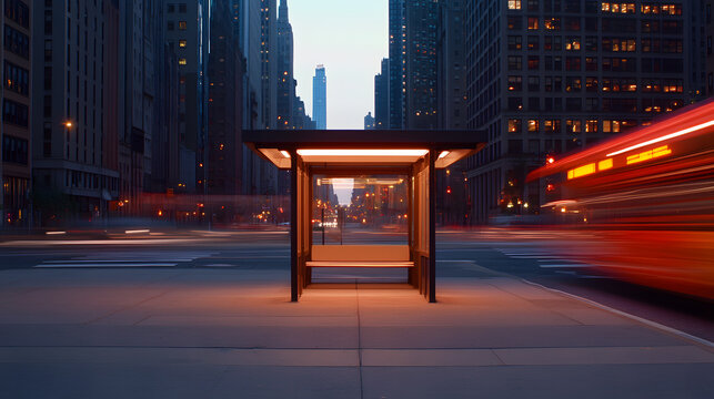 A hyper-detailed urban scene featuring an isolated bus stop under the glow of distant city lights. The shelter is pristine, untouched. The blurred motion of a fast-moving bus creates a striking