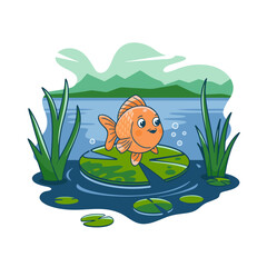 Fototapeta premium Cute Goldfish on Lily Pad in Tranquil Lake Vector Art for Children's Decor