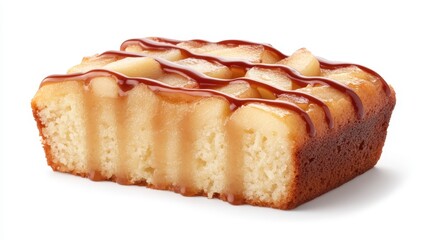 Blonde cake layered with pear slices, generously drizzled in golden caramel, highlighting sweet artisan baking with elegant fruit based presentation