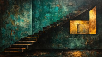 Dark Teal Room Stairway to Golden Light