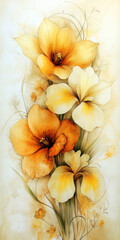 An old vintage print of three flowers, tulip, crocus, and iris. AI generative.