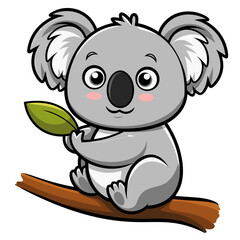 Obraz premium Cute Cartoon Koala Sitting on Branch Holding Green Leaf Playful Animal Vector Art