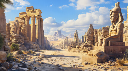 Panoramic photo of an ancient temple complex in the desert
