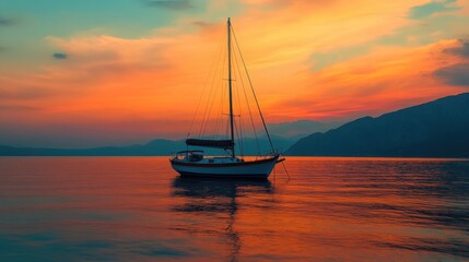 Naklejka premium Serene Sunset Sailboat, picturesque sunset over calm waters with a sailboat gently anchored, creating a peaceful and captivating scene.