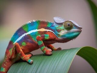 Obraz premium A vibrant chameleon perched on a green leaf, showcasing its striking colors and unique texture.