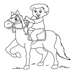 Cute cartoon hand drawn vector boy riding horse coloring page.