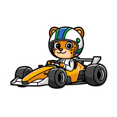 Cartoon Cheetah Racer in Go-Kart with Helmet for Kids Illustration