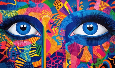 A vibrant mural featuring striking blue eyes and colorful patterns.