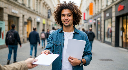 Young male promoter engaging passersby while distributing flyers in a vibrant city street