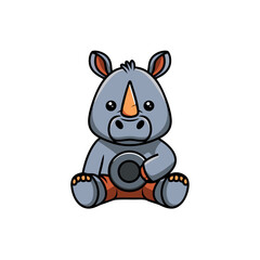 Naklejka premium Cute Cartoon Rhino with Orange Horn Hugging Tire Vector Illustration