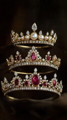 Obraz premium Three Exquisite Tiaras Adorned With Pearls Rubies and Diamonds
