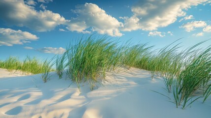 breathtaking sight of dunes adorned with vibrant beach grass, symbolizing steadfastness these plants bestow upon shifting sandy terrains and harmonious equilibrium they epitomize
