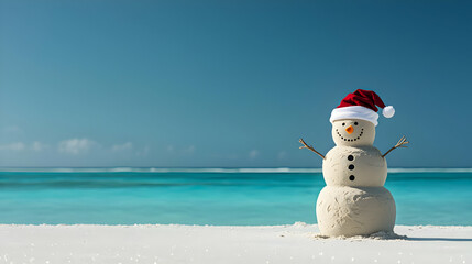 Beach Snowman With Red Santa Hat On White Sand Against Clear Turquoise Water and Blue Sky During Sunny Day