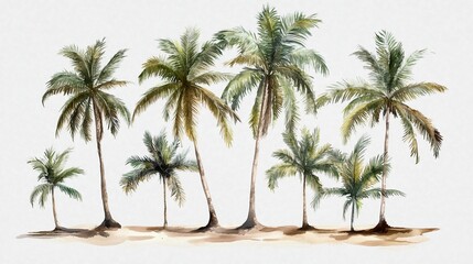 Watercolor painting of palm trees. Watercolor of coconuts on a tree. A set of transparent backgrounds. A watercolor depiction lifestyle of palm trees.