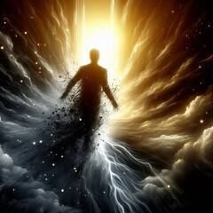 Naklejka premium Metaphor of Emerging from Darkness: Portrait Breaking Through Shadow 