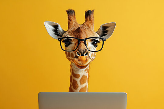photo of a giraffe with glasses working on a laptop, on a yellow background, with a dedicated space for text.
