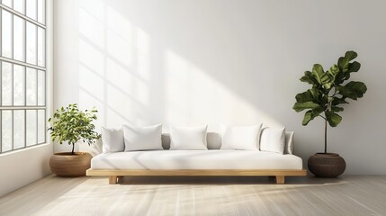 Bright and cozy modern living room interior have sofa and plant with white wall
