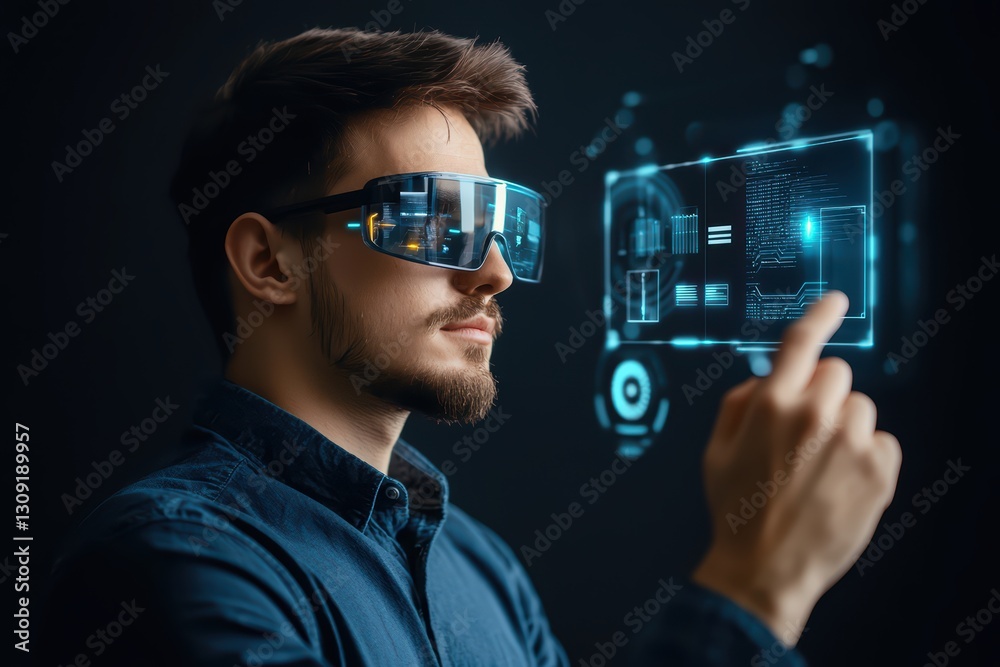 Poster high-tech interface with holographic elements and augmented reality glasses for user interaction