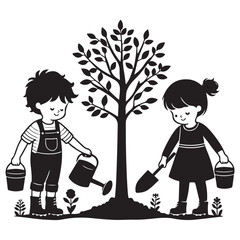 Silhouette of Children Planting Tree A Black and White Gardening Illustration