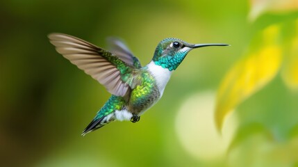 Obraz premium Vibrant hummingbird hovering near colorful foliage in a lush green environment, showcasing nature's beauty