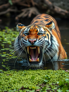 Tiger with water lentils on its maw chuffing