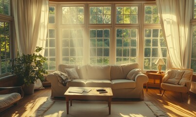 Cozy living room with warm beige furniture, plush cushions, and sunlight streaming through large windows creating a serene and inviting space