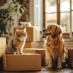 Obraz na płótnie Canvas Furry friends nestling atop moving boxes, sharing warm companionship during home relocation process