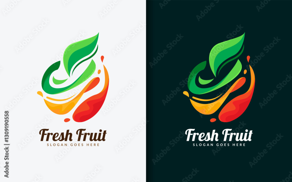 Poster a modern logo symbol showcasing a stylized fruit composition with fluid dynamic shapes and bright co