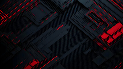 Abstract Geometric Design with Black Rectangular Shapes and Red Lines