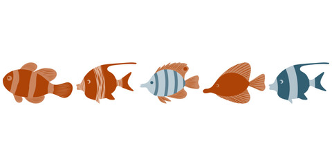 Hand drawn different fish set, blue and orange fish set, school of fish clipart