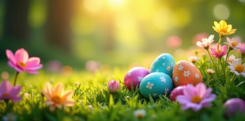 Fototapeta premium Sun-dappled garden, vibrant Easter eggs nestled in blooms, springtime, festive