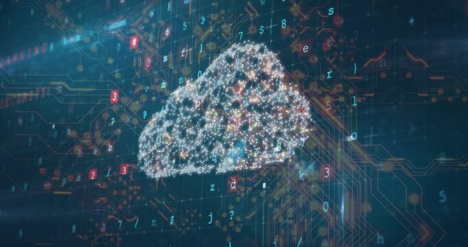 Animation of digital cloud with binary code and circuit patterns for data storage