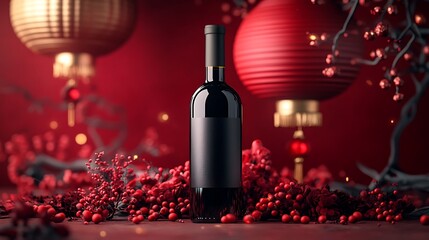 Fototapeta premium Red wine bottle displayed with hanging lanterns, floral decorations, and red background
